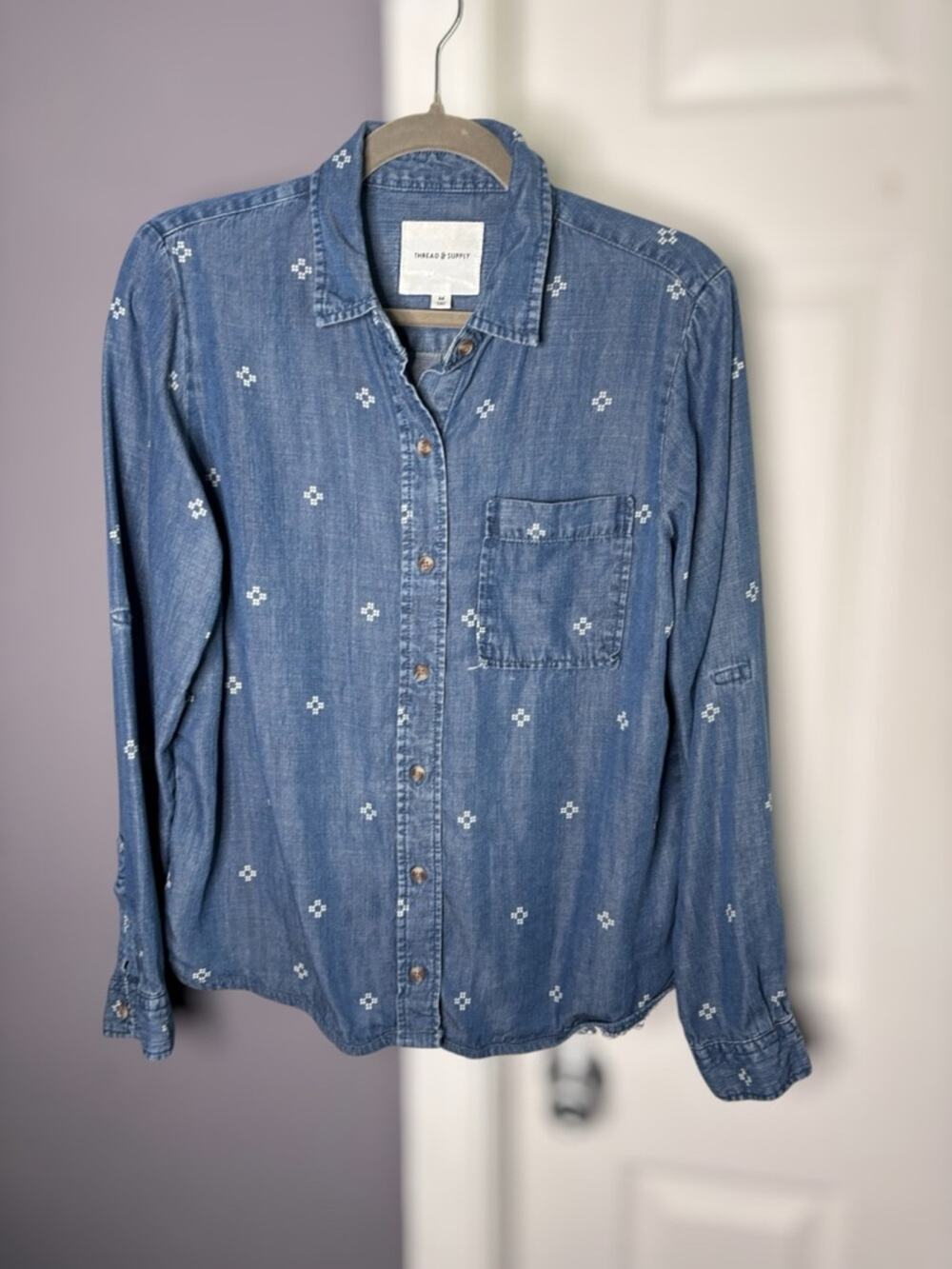 Thread & Supply Denim Button Down White Print Top Medium